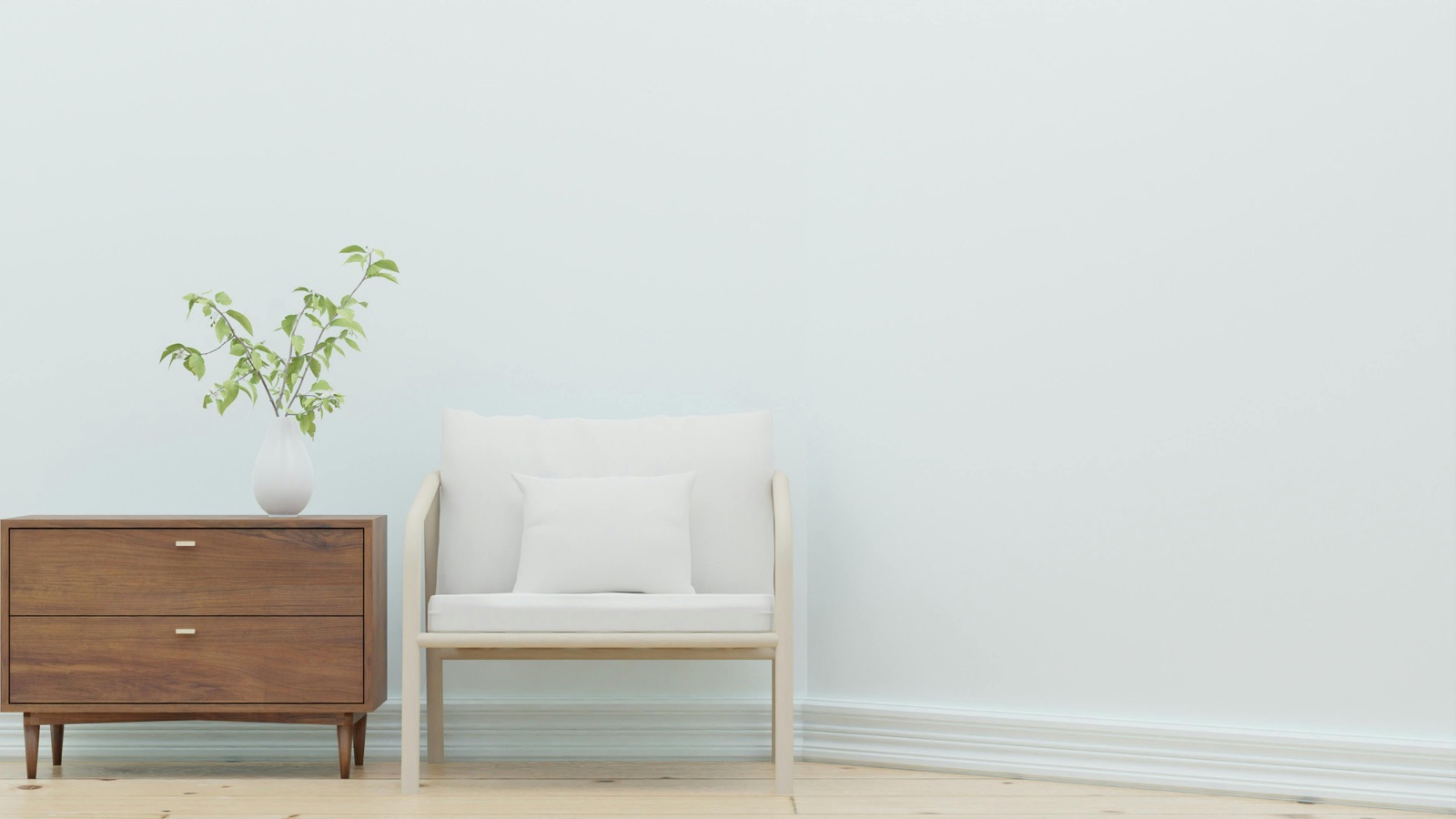 Minimal bedroom chair and side cabinet with a calm interior